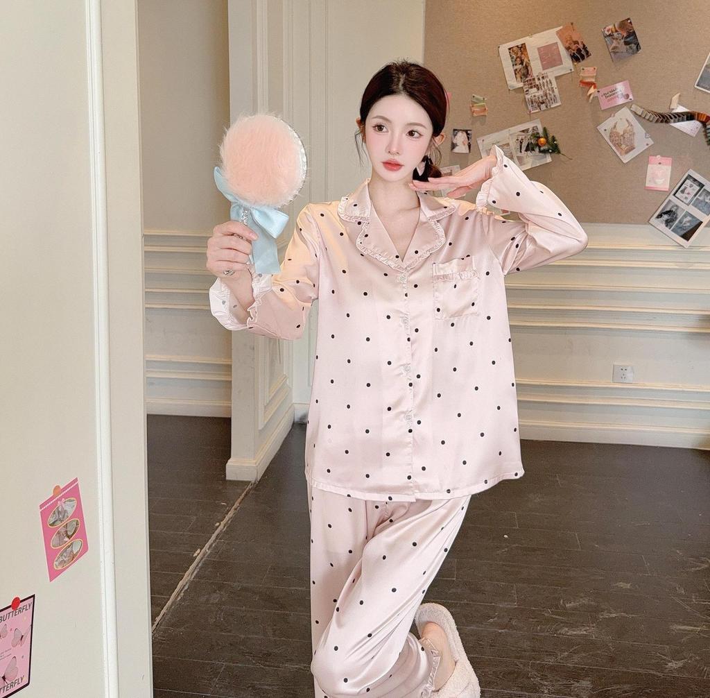 Pajamas women's summer, pajamas women's ice silk, ice silk pajamas, polka dot loose silk Korean ins sweet loungewear