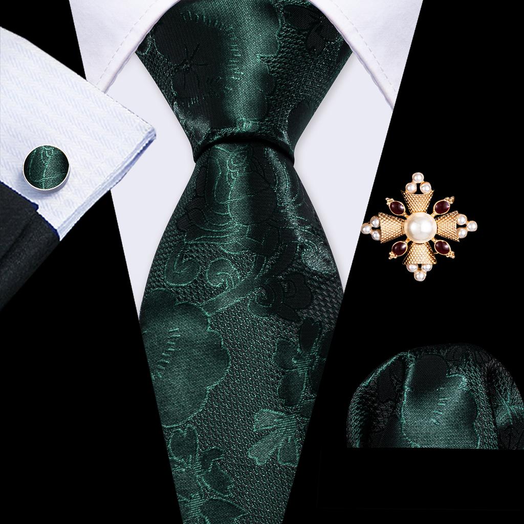 Pearl Brooch with Silk Tie for Men Vintage Floral Teal Necktie Hanky Cufflinks Gift Formal Set