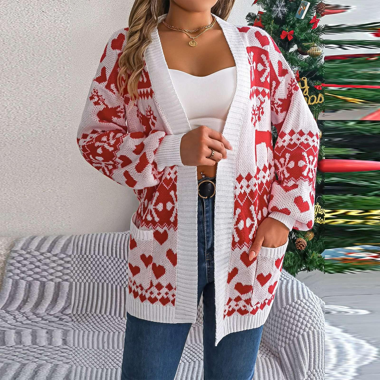 

Женская мода повседневная рождественская куртка-кардиган с длинным рукавом и карманом S белый