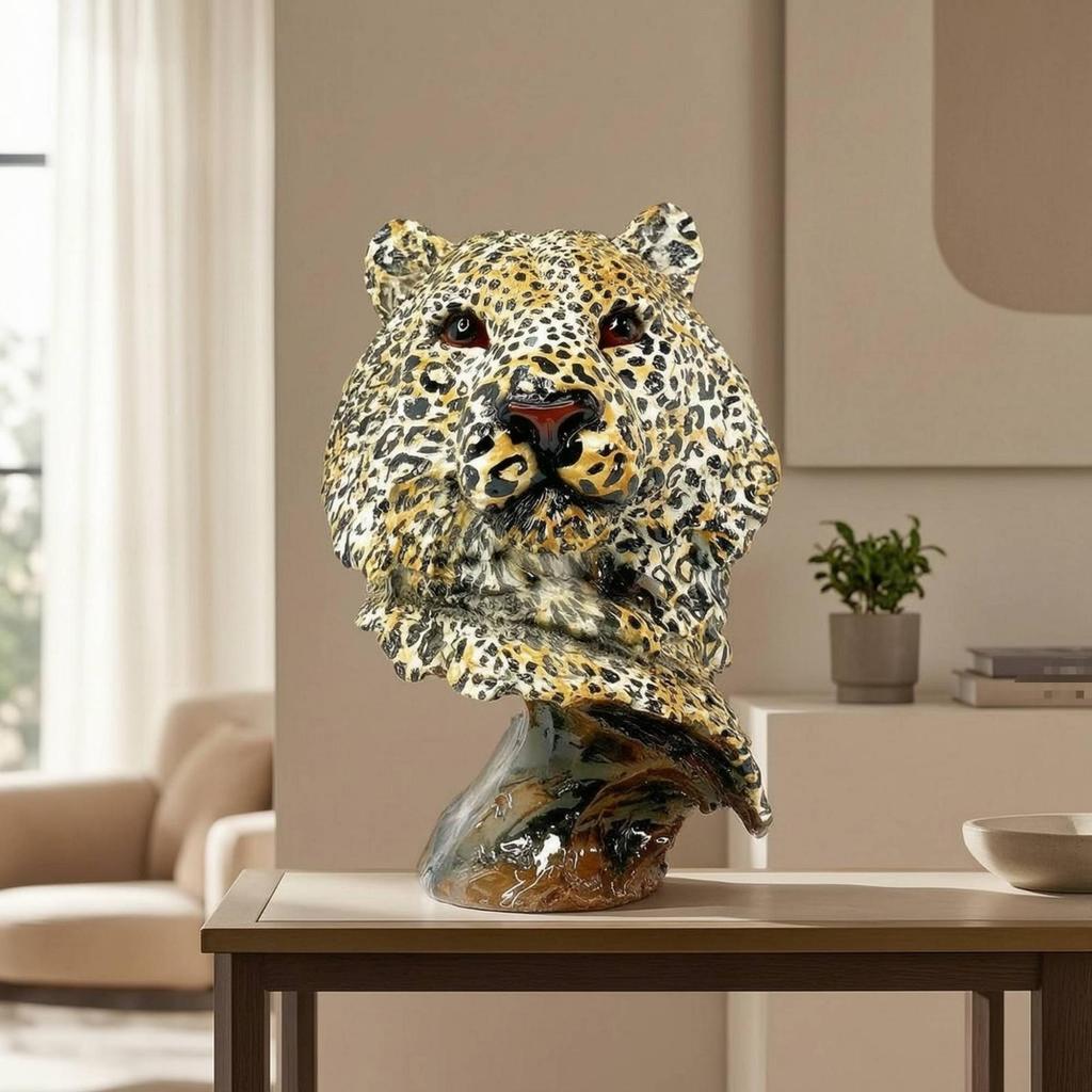 Leopard Head Bust HandhandPainted Big Cat Sculpture with Base Textured Cheetah Statue for Art