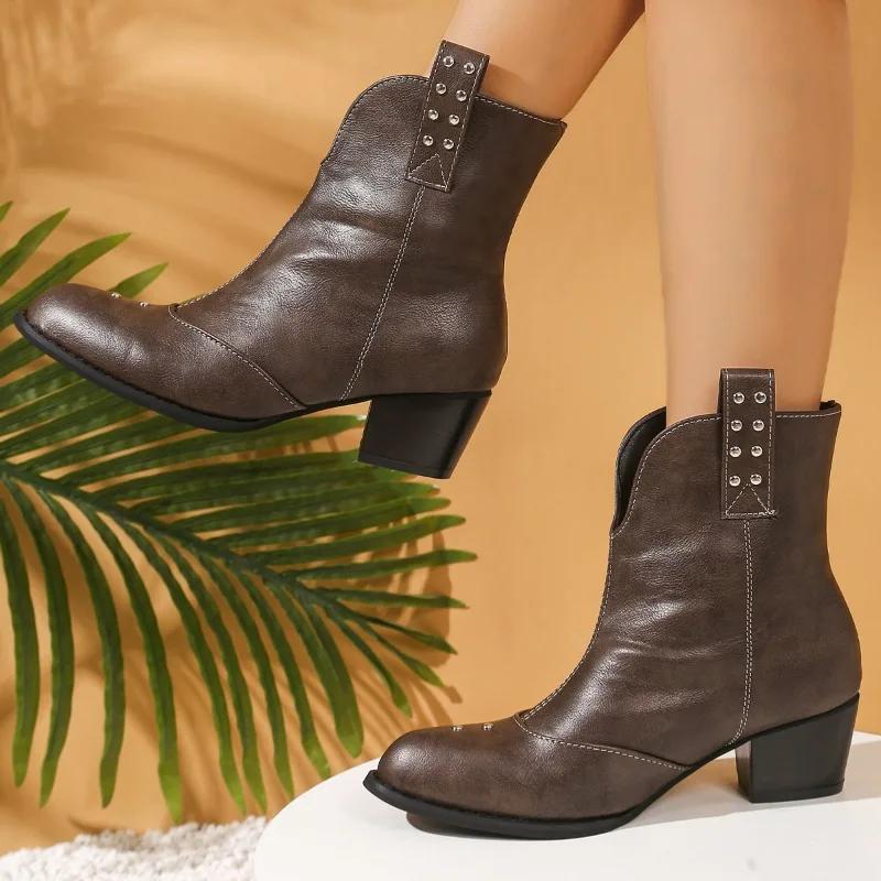 2025Block Heel Leather Boots New Round Toe Rhinestone Sleeve Non-slip Wear-resistant All-match Booties for Autumn and Winter
