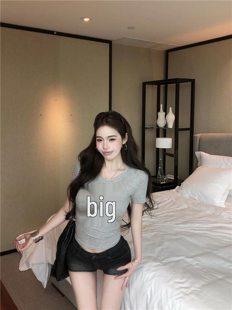 Gray Lace Bow Short Sleeve T-Shirt - Women's Summer Hot Girl Style