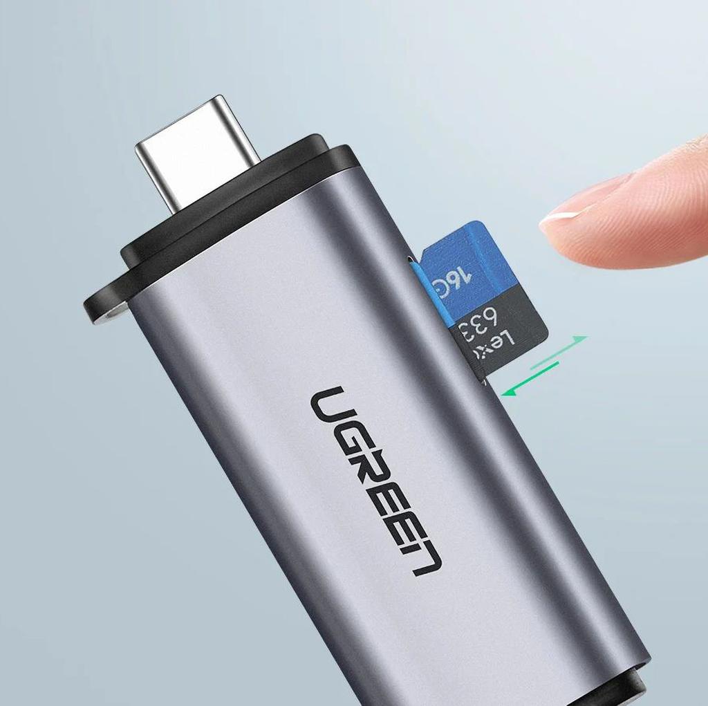Ugreen CM185 Dual-Port USB-A/C 3.0 Card Reader for SD & microSD - Gray