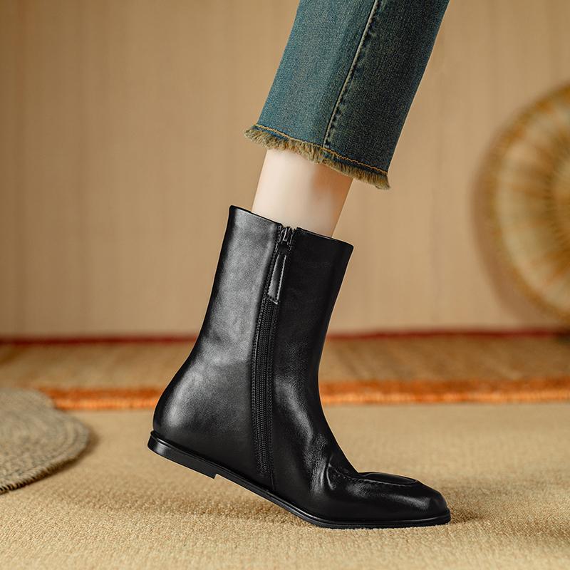 Fashion 2025 New Autumn/Winter Split Leather Women Boots Round Toe Flat with Heel Mid-calf Boots Modern Motorcycle Boots Ladies Shoes
