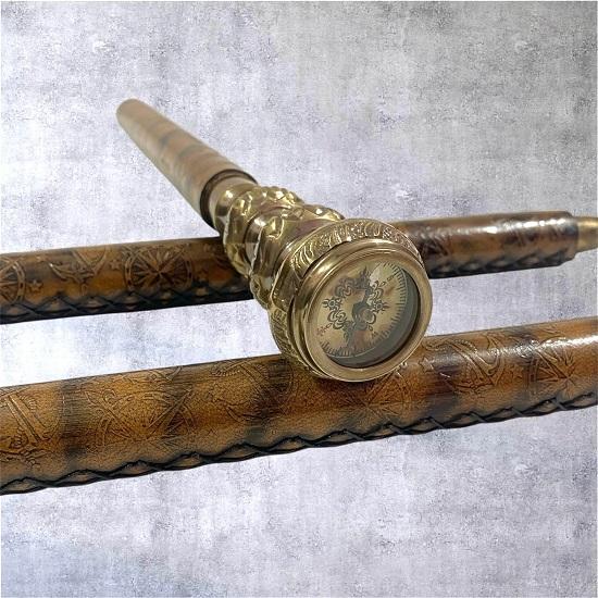 

Wooden Walking Stick with Brass Compass Handle Leather Wrapped Decorative Cane Unique Gift for Men Women Collectors