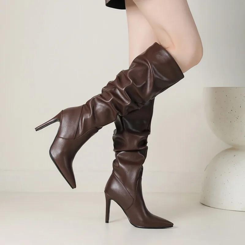 New Black Brown Pleated Lazy Long Boots European American Style 10cm High-heeled Pointed Autumn Winter Women Knee High Boots 43