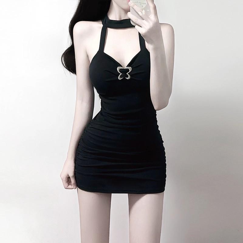 Black Two-Piece Sexy Outfit: Figure-Hugging Short Skirt, Cardigan, and Halterneck Camisole Bodycon Set