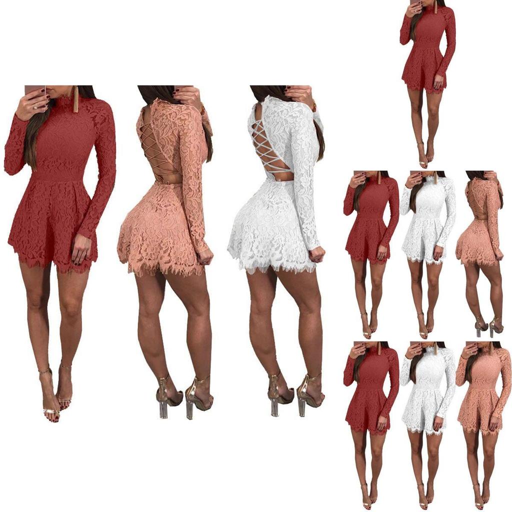 Fashion Elegant Womens Casual Romper Dress Lace Long Sleeve Sexy Jumpsuit Short