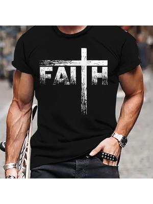 Men's Faith Print T-shirt, Casual Short Sleeve Crew Neck Tee, Men's Clothing For Outdoor