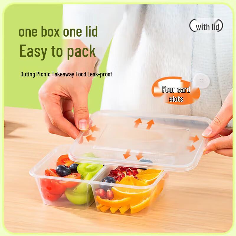 WS Disposable 650ml 2-Compartment Rectangular Food Containers with Lids