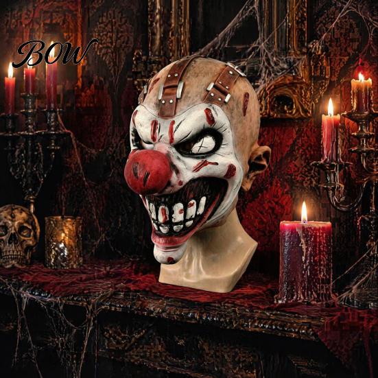 Escape Room Horror Decorations Halloween Clown Mask, Realistic Latex Scary Mask with Film Photographing Cosplay Accessories Red Nose for Haunted House