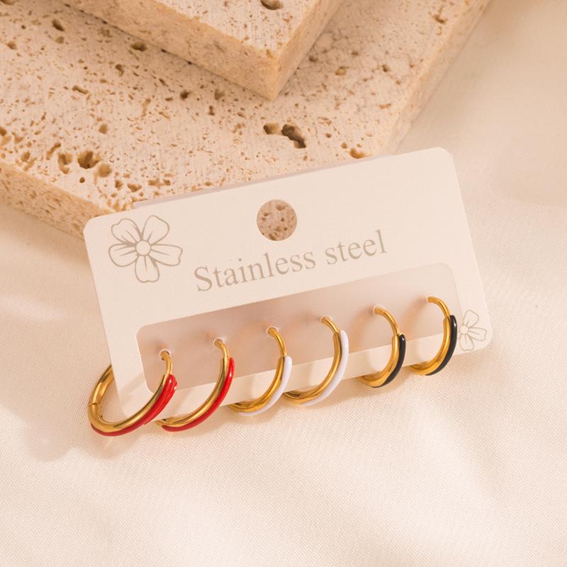 Women Simple Hoop Earrings Six-piece Set Stainless Titanium Steel Drip Oil Circle Gold Color Geometric Ear Ornaments