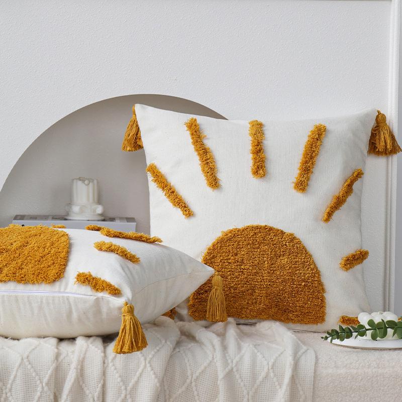 Ins Style Pillow Yellow Sun Tufted Pillow Case Homestay Pillow Living Room Sofa Tassel Cushion Removable and Washable