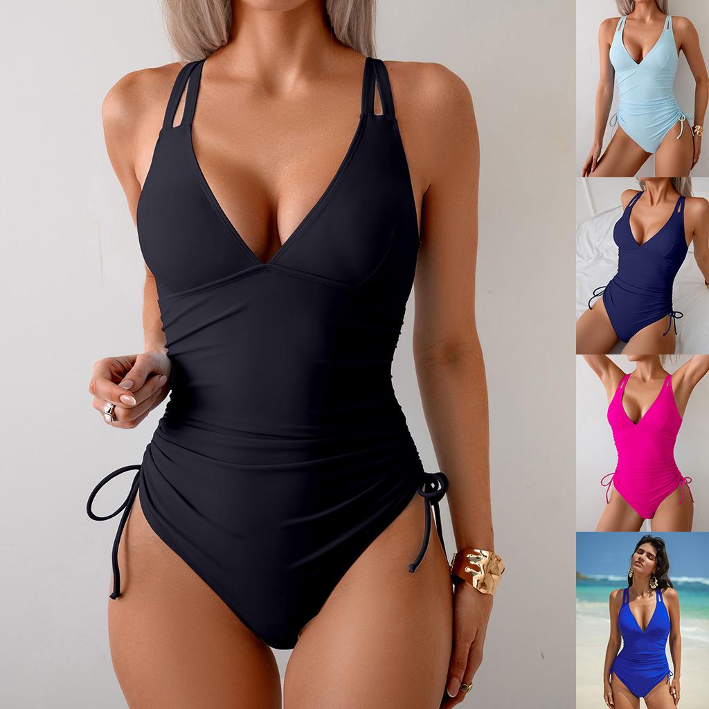 Women’s Solid Color Bathing Suit One-Piece Drawstring Swimsuit, Sexy Bikini Swimwear
