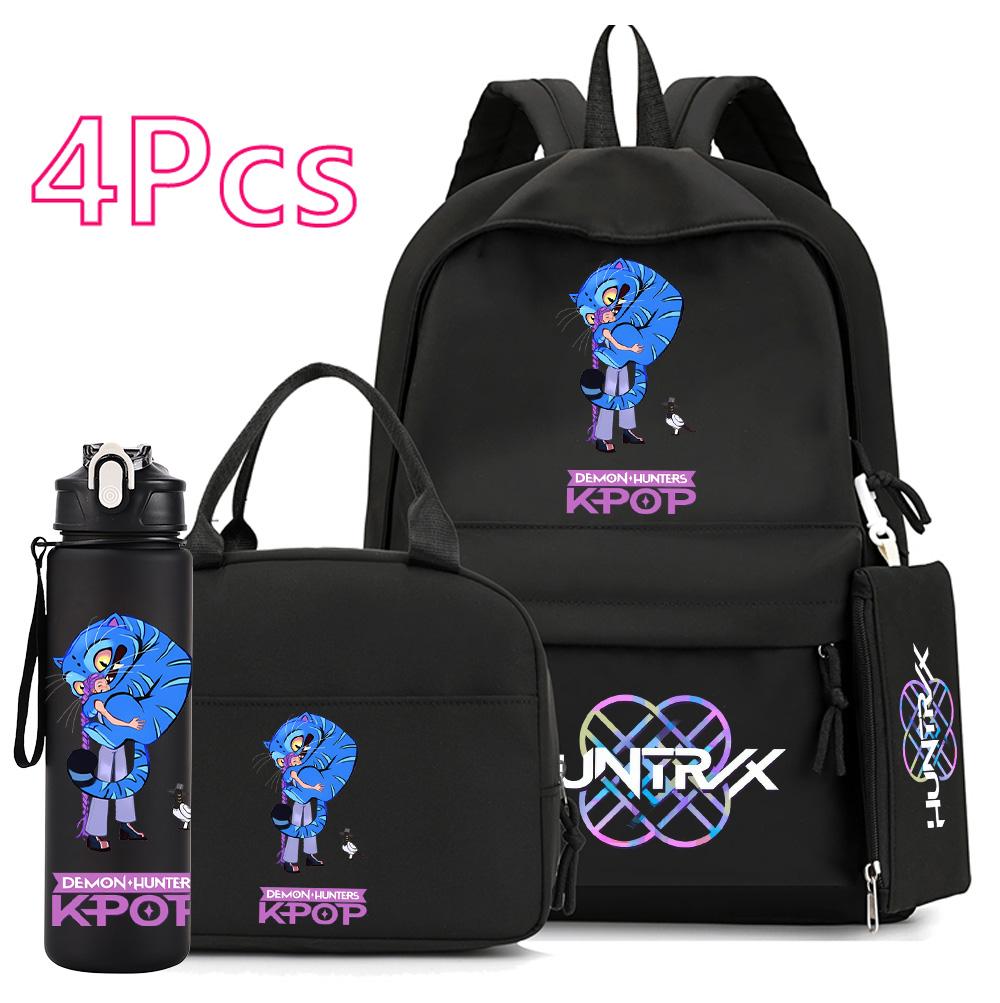 4Pcs/set Anime K-Pop Demon Hunters Printed 750Ml Water Bottler Backpack Handbag Pencil Case for Teenager Boy Girl Large Capacity Waterproof Schoolbag