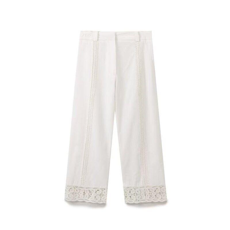 Fashion Style 2024 Autumn New Women's Mid-Waist Easiest for Match Linen Blended Crochet White Pants 4786262
