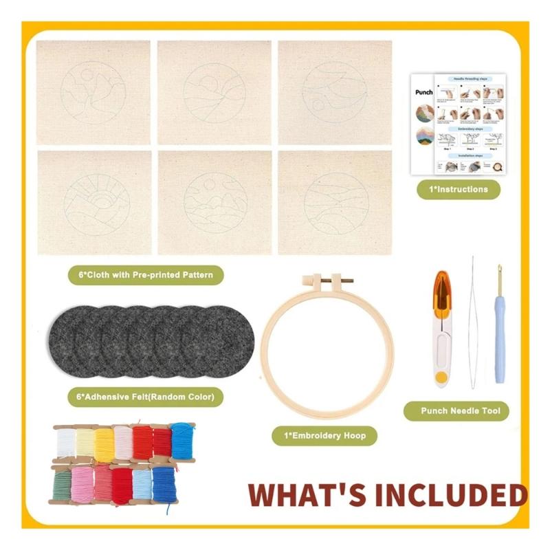 Embroidery Starter Set 6 Reusable Punches Needle Coasters Pattern With Soft Fabric and Complete Tool
