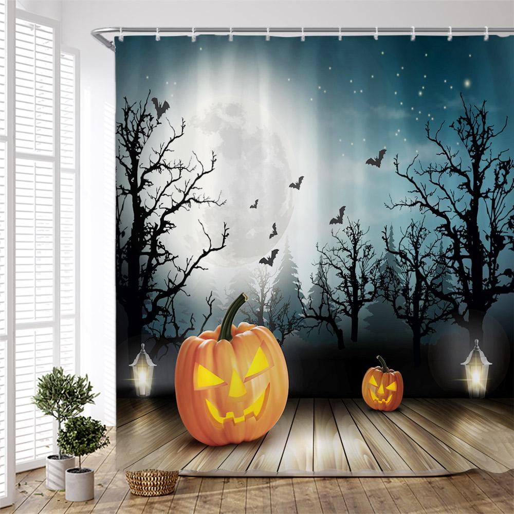 Halloween pumpkin Lantern Shower Curtain Bathroom The Terrible  Forest Wood Ghost House Tombstone Fabric Bathroom Curtain Set