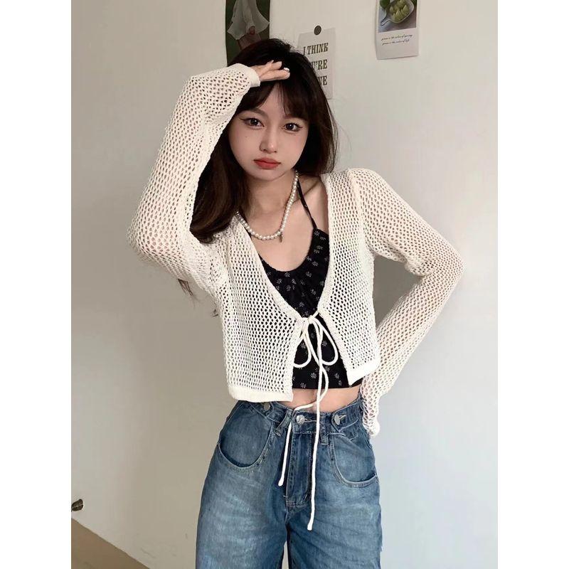 

Ажурный свитер-кардиган с короткими/длинными рукавами для защиты от солнца, женский летний тонкий шикарный шаль, юбка на бретелях, верхняя одежда, накидка White L Recommended 52.50 kg-57.50 kg