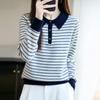 Women's Striped Color Block Polo Neck Knit Sweater - Long Sleeve, Autumn/Winter Top