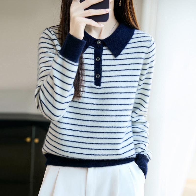 Women's Striped Color Block Polo Neck Knit Sweater - Long Sleeve, Autumn/Winter Top