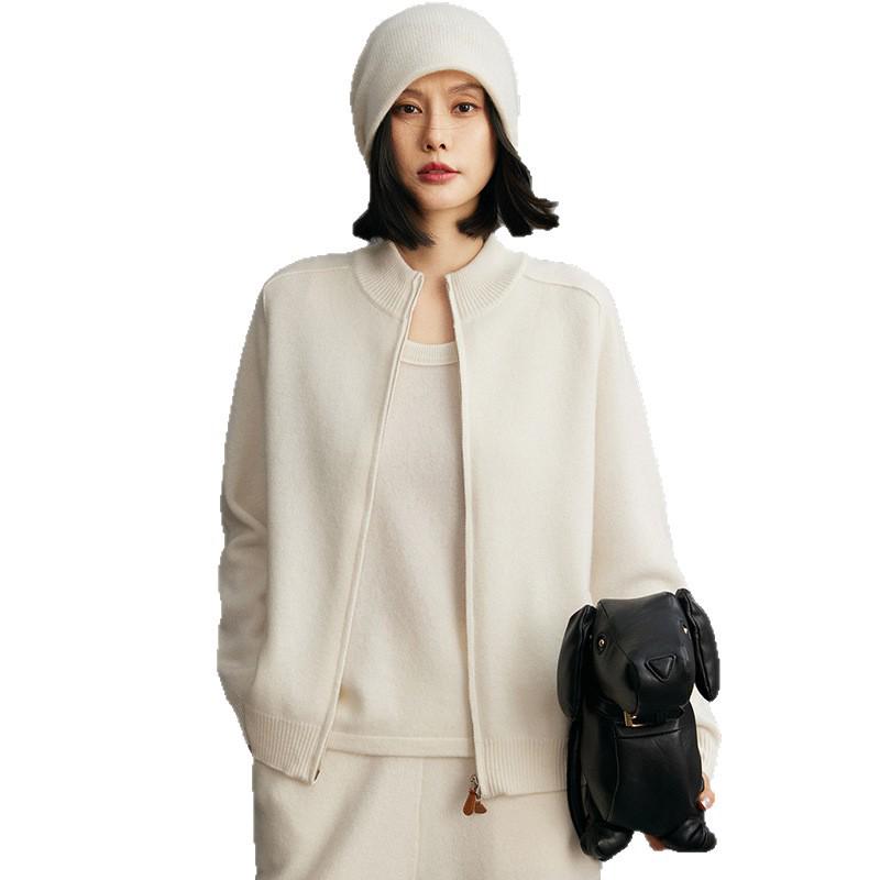 2025 Autumn/Winter Women's Cashmere Half-High Collar Cardigan with Double Zipper Pockets