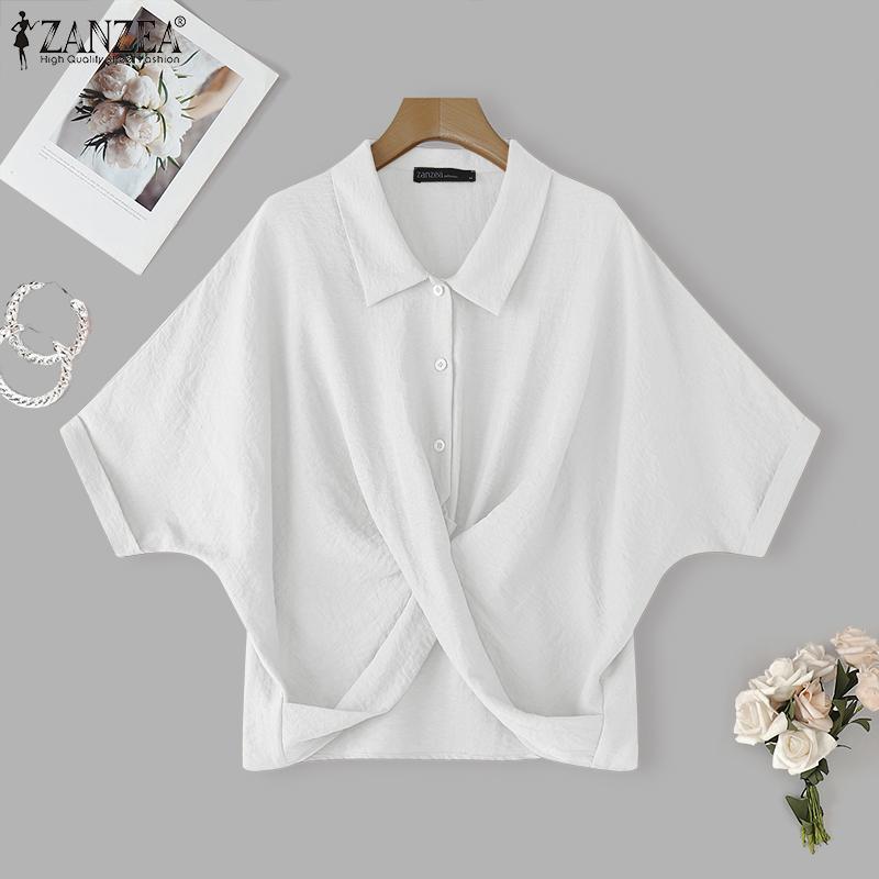 

ZANZEA Женские рубашки с лацканами, с рукавами до локтя, на пуговицах, свободные, асимметричного кроя 5XL