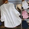 Woman Shirt Semi-open V Neck Buttons Placket Long Sleeves Pullover Casual Wear Solid Color Top Blouse Summer Casual Loose T-shirt Commuter Clothes
