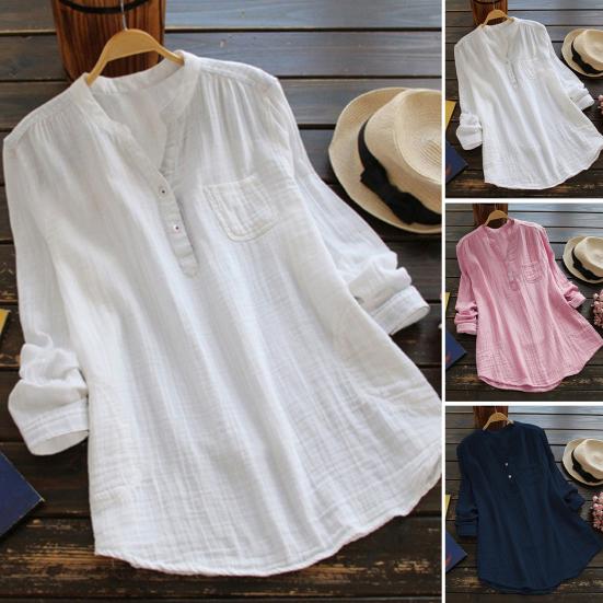 Woman Shirt Semi-open V Neck Buttons Placket Long Sleeves Pullover Casual Wear Solid Color Top Blouse Summer Casual Loose T-shirt Commuter Clothes