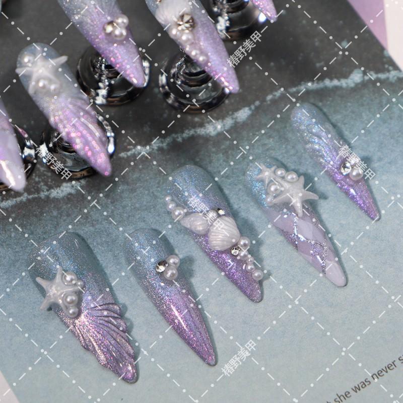 Press-On Nails With 3D Starfish Shell Design Glitter Ocean Theme Acrylic False Women Long Pointed Style