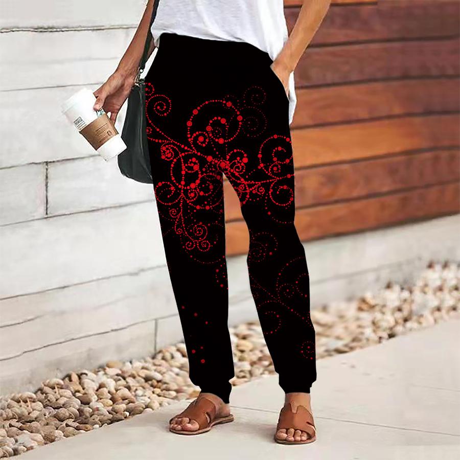 Pantaloni retro cu imprimeu pentru femei Șiret Talie elastică Largi Pantaloni casual Lungi Pantaloni cu buzunare
