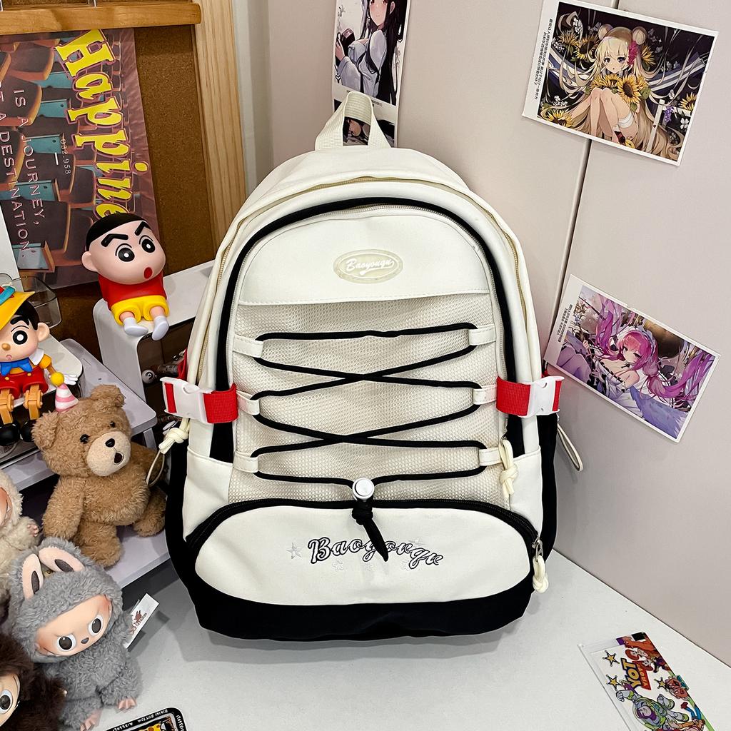 Schoolbag Small Fresh Travel Middle School Student Schoolbag Large Capacity Drawstring Design Contrasting Color Backpack Lightweight Burden Reduction 