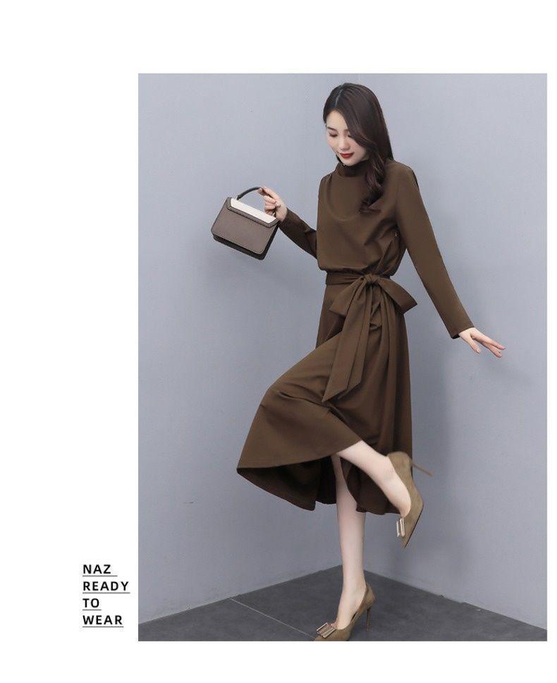 Elegant A-line Long Sleeve High Neck Dress with Bow Tie for Women - Spring/Autumn Collection