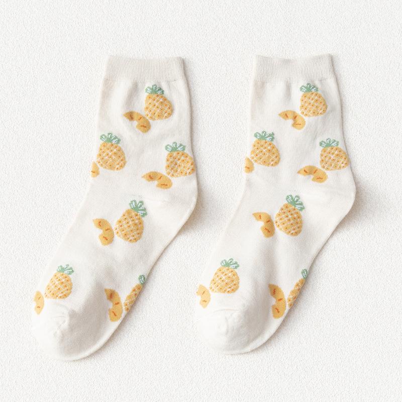 Yellow Mid-calf Women's Socks for Autumn and Winter, Breathable Twisted Cotton Women's Socks, Korean Cartoon Pineapple Socks