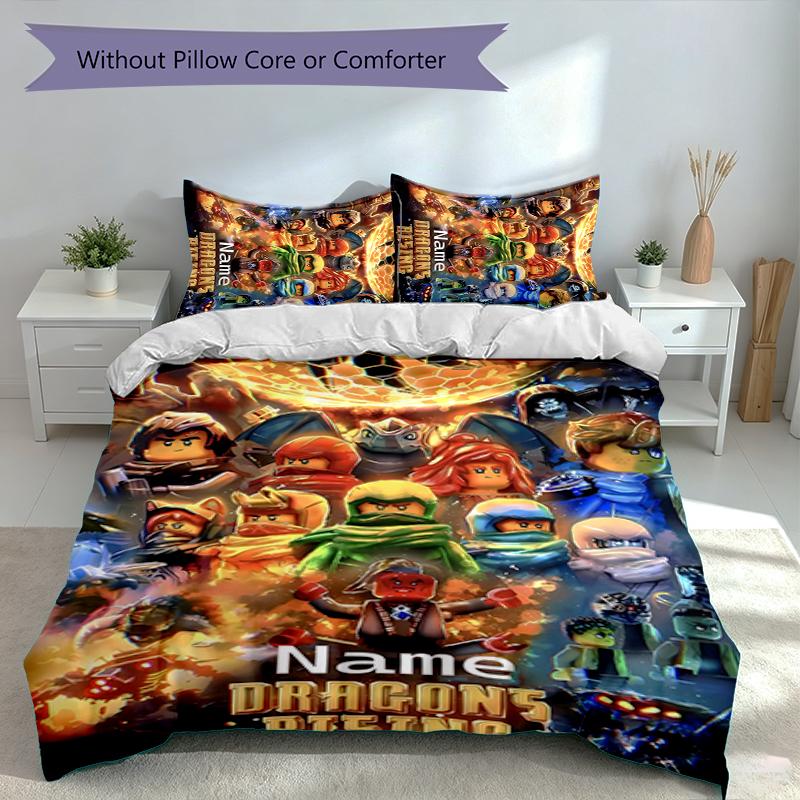 3pcs Custom Name Lego Ninjago Set,Includes 1 Duvet Cover and 2 Pillowcases,All-season Bedroom Decor