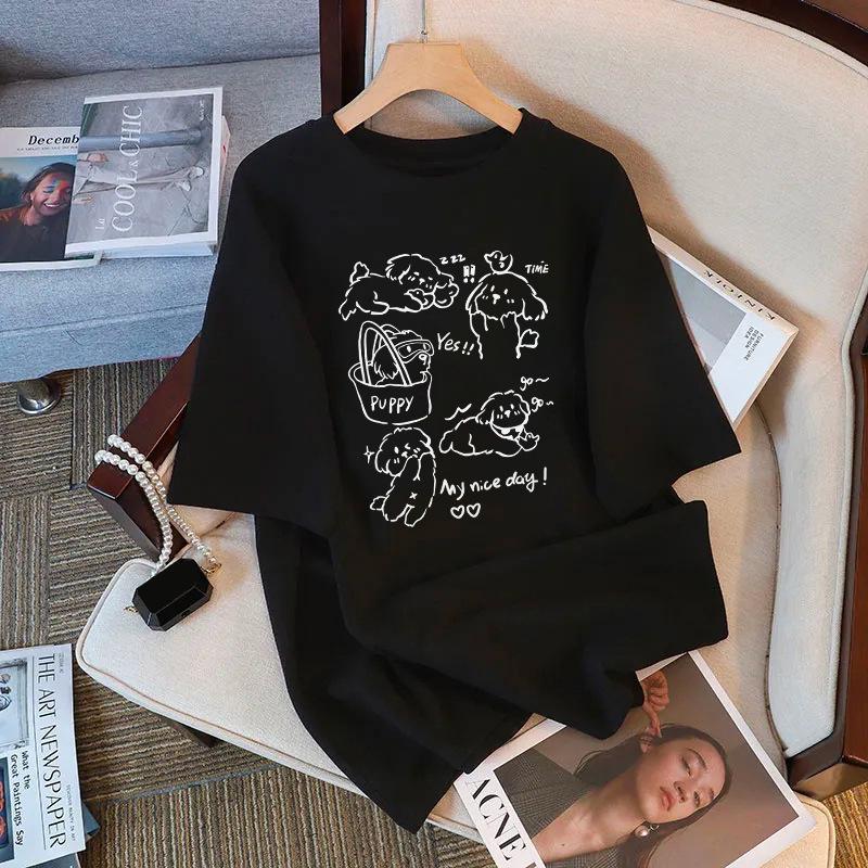 

Plus Size 2025 Summer Cute Cartoon Print Loose Short-Sleeve Cotton T-Shirt for Women M
