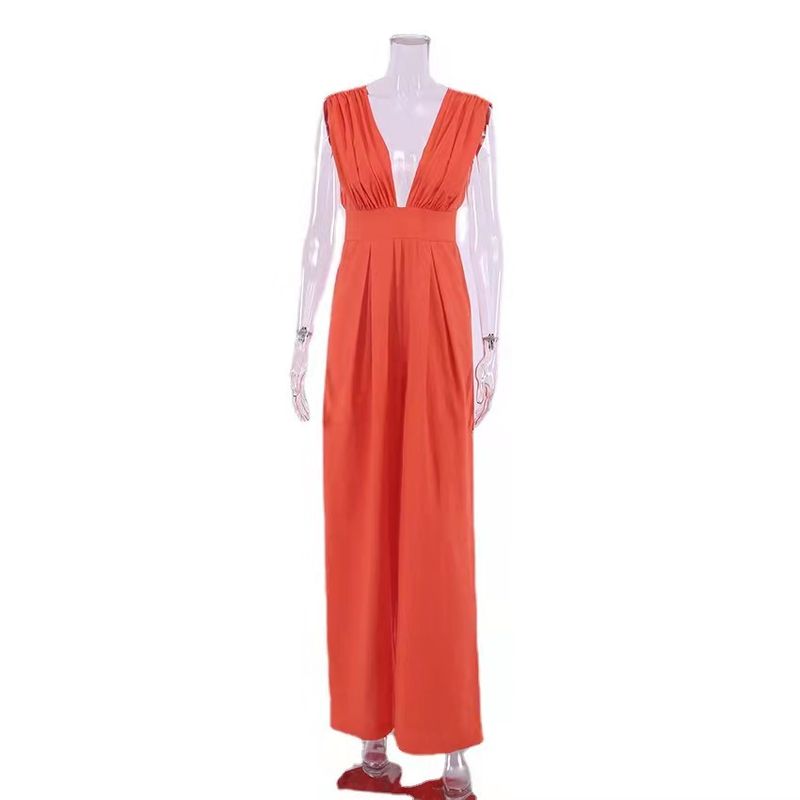 

Fashion Style Casual Loose Sleeveless Sexy Deep V Jumpsuit Fashion Cotton Linen Loose Pants Loose Jumpsuit Orange L