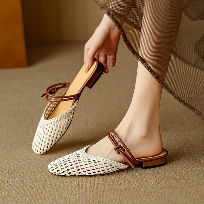Krazing Pot Microfiber Mules Weaving Summer Size 41 Low Heels Slingback Party Shoes Women Square Toe Gladiator Hollow Out Pumps
