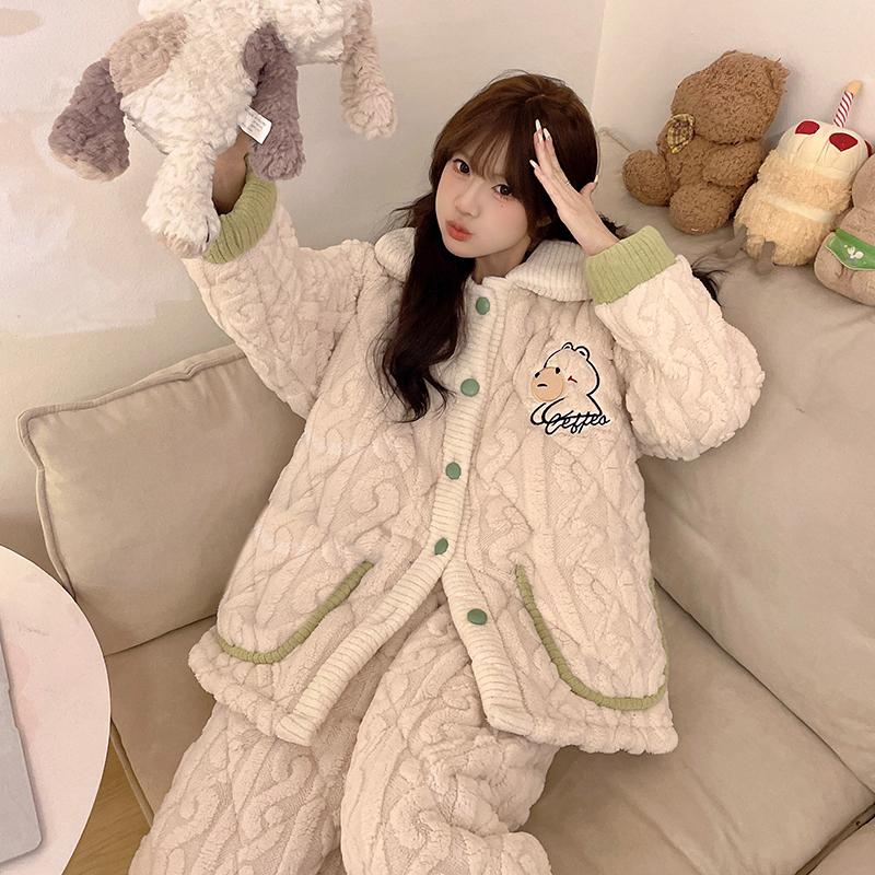 Winter Flannel Warm Nightwear for Young Girl Cardigan Lapel Pajamas Set Coral Fleece Warm Homewear Three-layer Pajamas Set