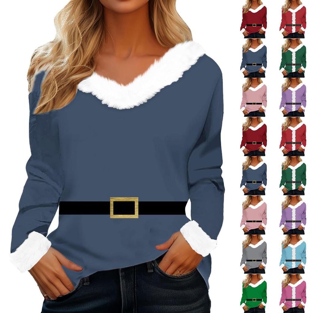 Ladies' Fashionable And Casual Christmas Printed Plush V-neck Long Sleeved Shirt