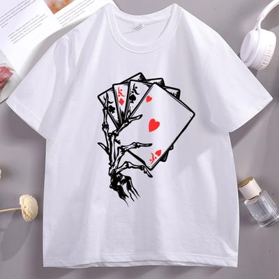 Skeleton Hand Holding Poker Cards Tshirts for Unisex Women Causal Cotton Short Sleeve Round Neck Tshirts Streetwear Funny Tees