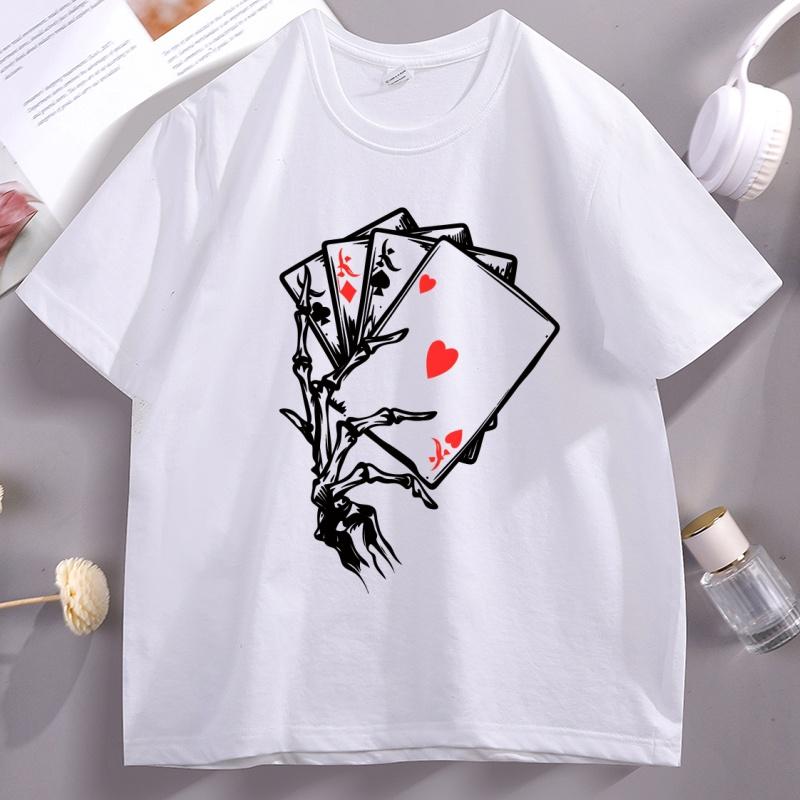 

Skeleton Hand Holding Poker Cards Tshirts for Unisex Women Causal Cotton Short Sleeve Round Neck Tshirts Streetwear Funny Tees 4XL