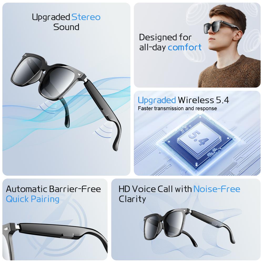 AI Bluetooth Sunglasses Multifunctional Wireless Earphones Stereo Sound Earbuds Touch Control Headphones Sports Headsets HD Call