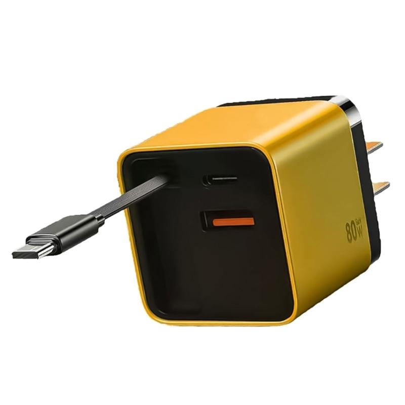 

PD80W Charger Retractable Type C Cable with USB Port Fast Charging 3 Devices Foldable жовтий