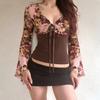 French Retro Flower Butterfly Print Long-sleeved T-shirt V-neck Lace-up Design Flared Sleeve Slim-fitting Waist Bottoming Shirt