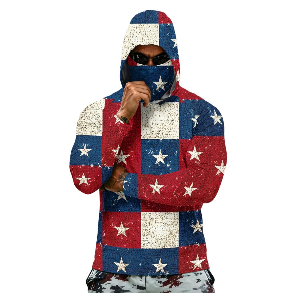 Men's Long Sleeve Lightweight Hoodie with Drawstring Hood and Face Covering Flag Print Casual Pullover Top