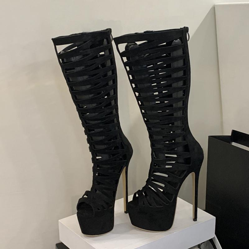 Sexy Silná Podrážka Peep Toe 16CM Tenké Podpatky Párty Striptérka Pole Dance Boty Vykrojené Boty po Koleno Dámské Platformové Boty