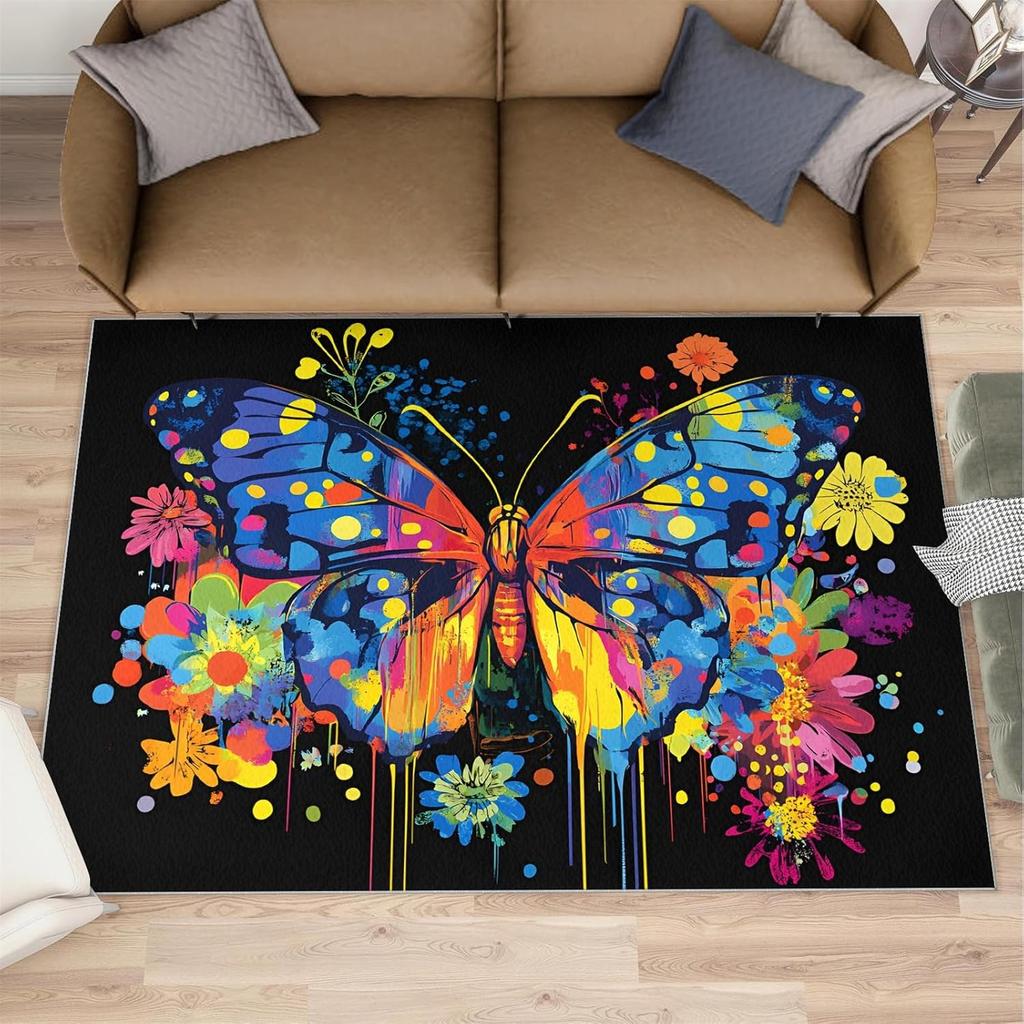 Artistic Abstract Rose Area Rug Modern Art Colorful Rose Non-Slip Large Rug Graffiti Style Flowers Floor Mat for Living Room
