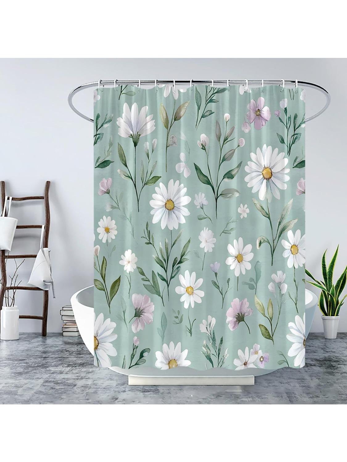 

Daisy Shower Curtain Cute Floral Vintage Nature Plants Botanical Wildflower Retro White Flower Green Leaves Chic Elegant Modern W60H190(CM)-1 Pcs