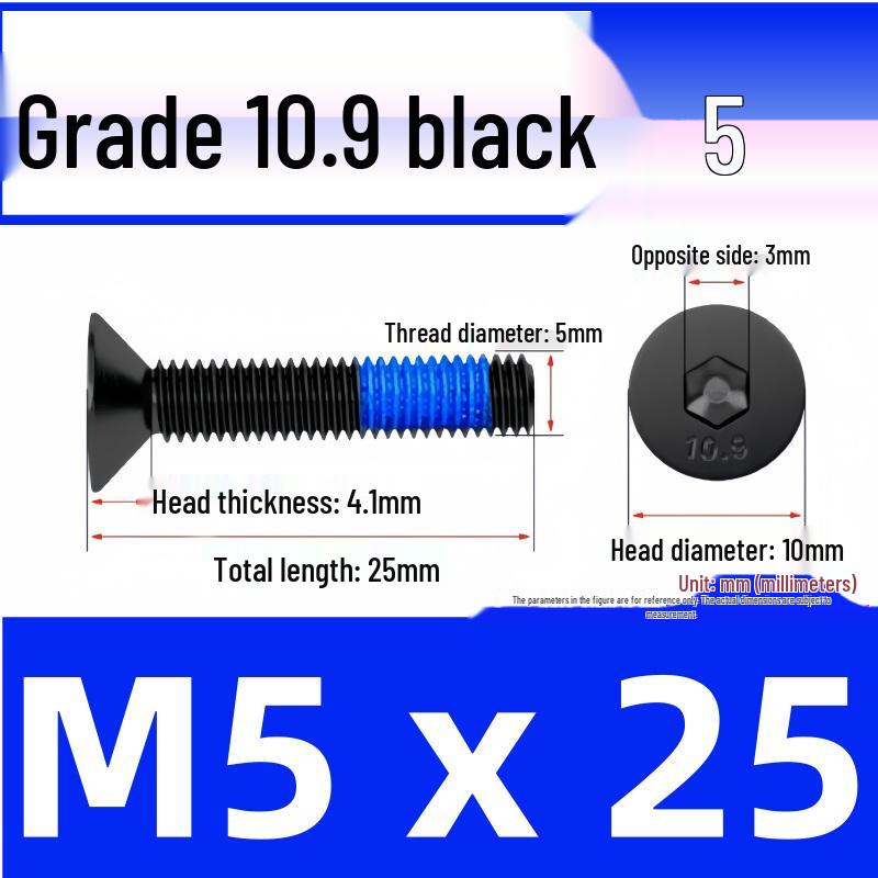 Black Anti-Slip Flat Cup Screw with Adhesive Blue Glue, Countersunk Hexagon Socket, Available in M2-M8 Sizes